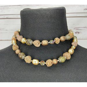 Vintage Made in Japan 70's Double-Strand Beaded Necklace Brown Tan Beige Coral A
